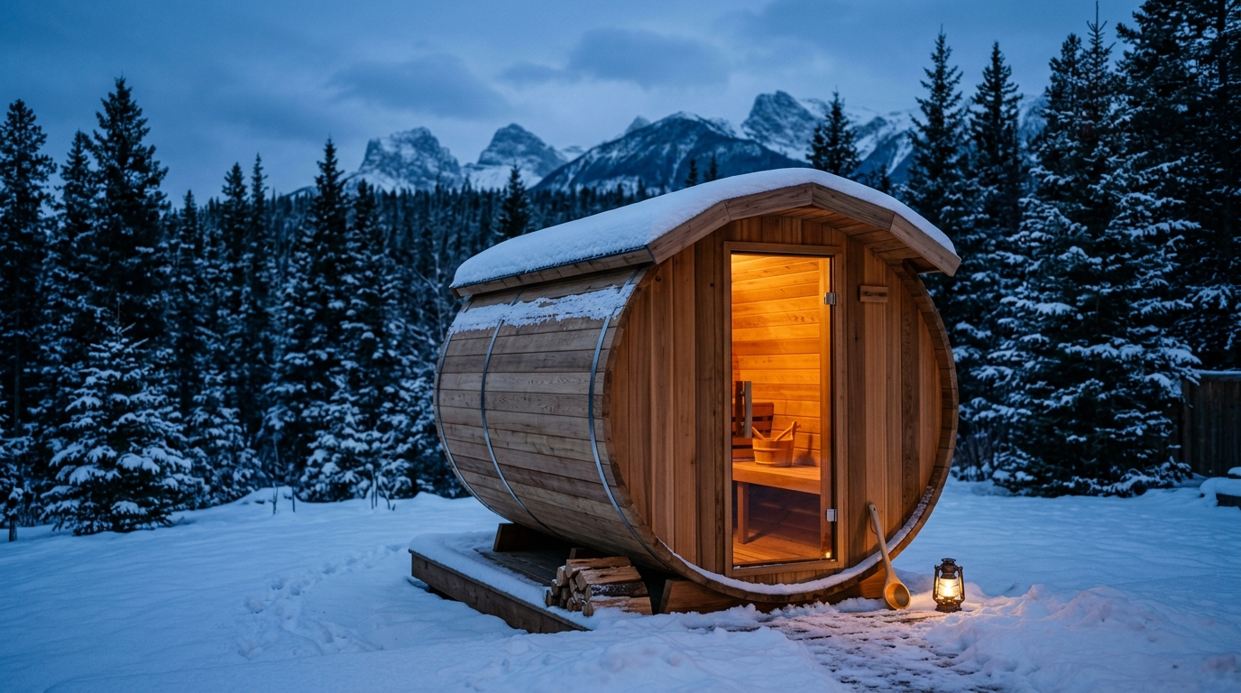 Outdoor cedar barrel sauna in a snowy mountain backyard at blue-hour dusk