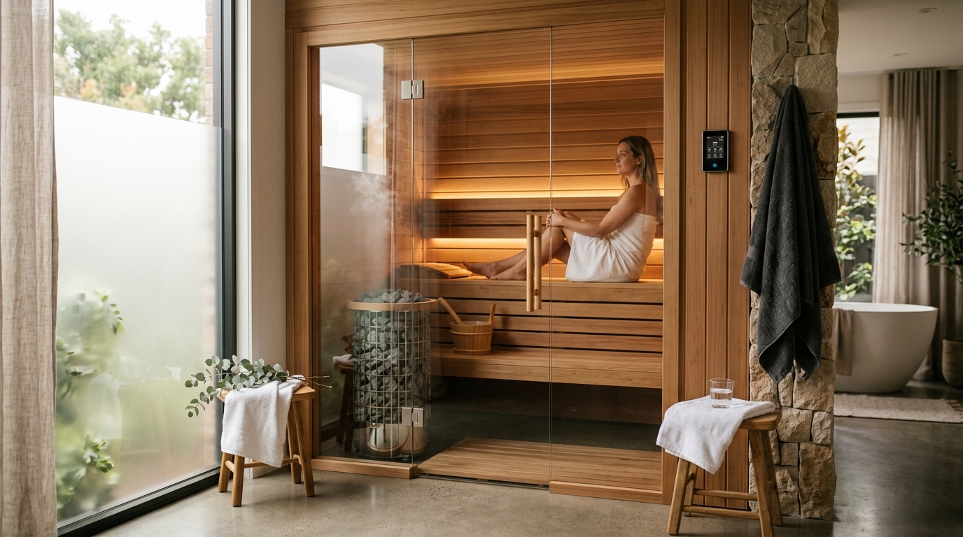 Combination sauna and steam room interior with cedar bench, steam nozzle, and warm ambient lighting