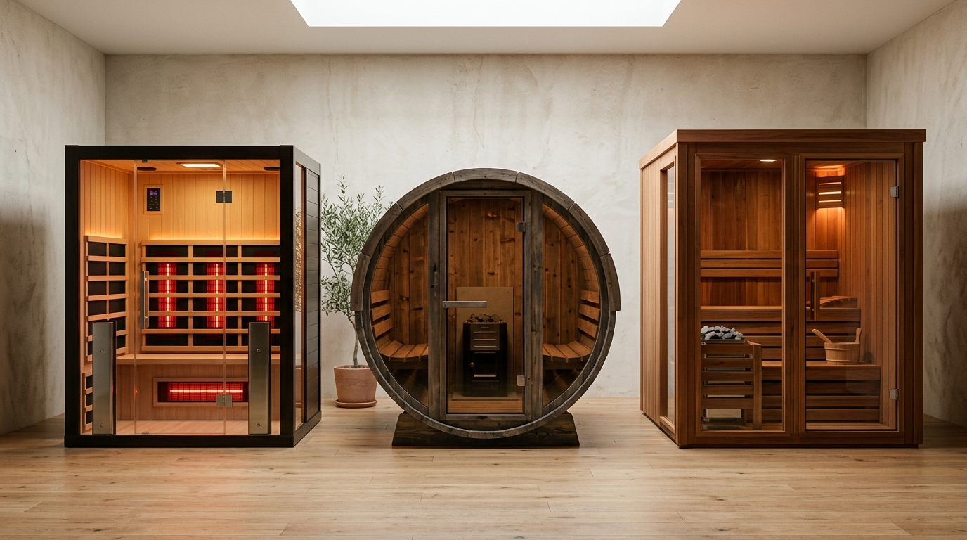Three home sauna styles — infrared, barrel, and traditional — in a clean studio comparison