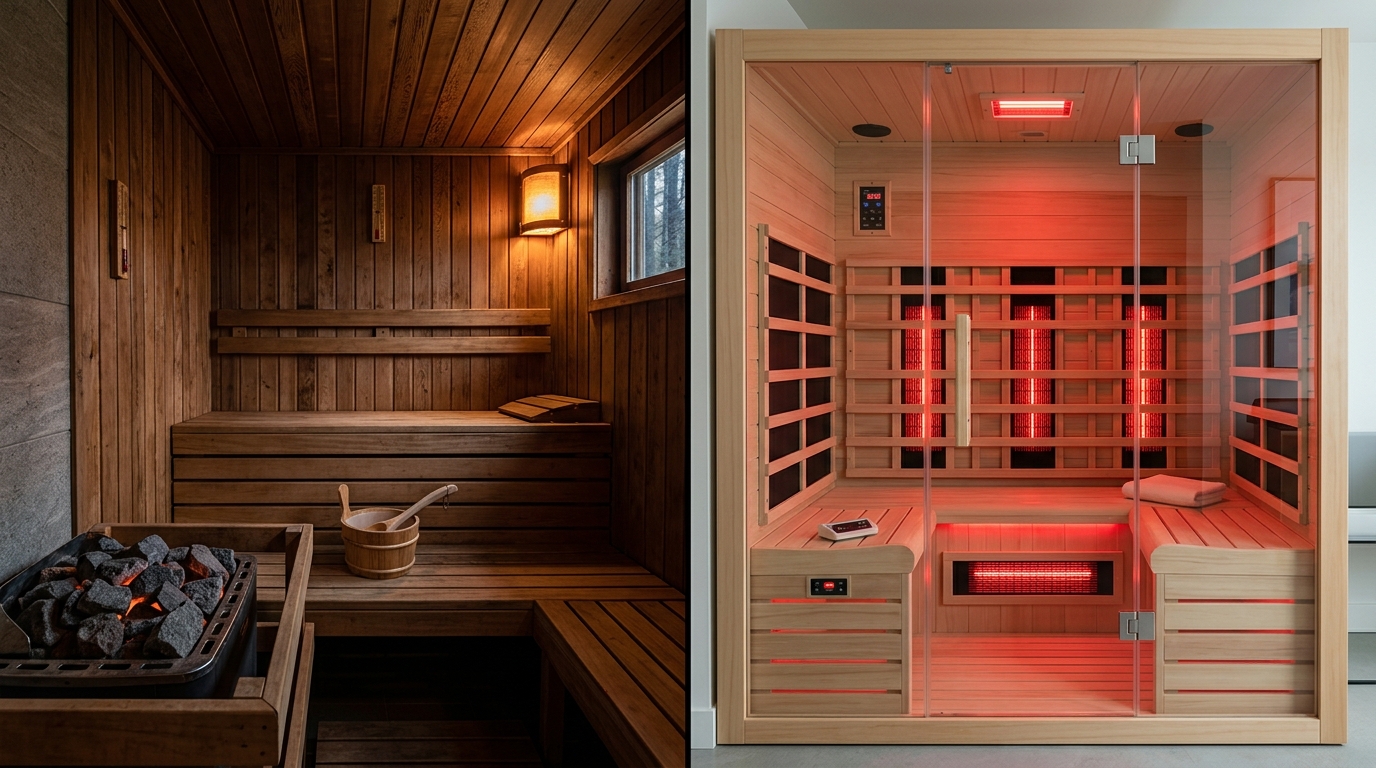 Side-by-side comparison of a traditional Finnish cedar sauna and a modern infrared sauna