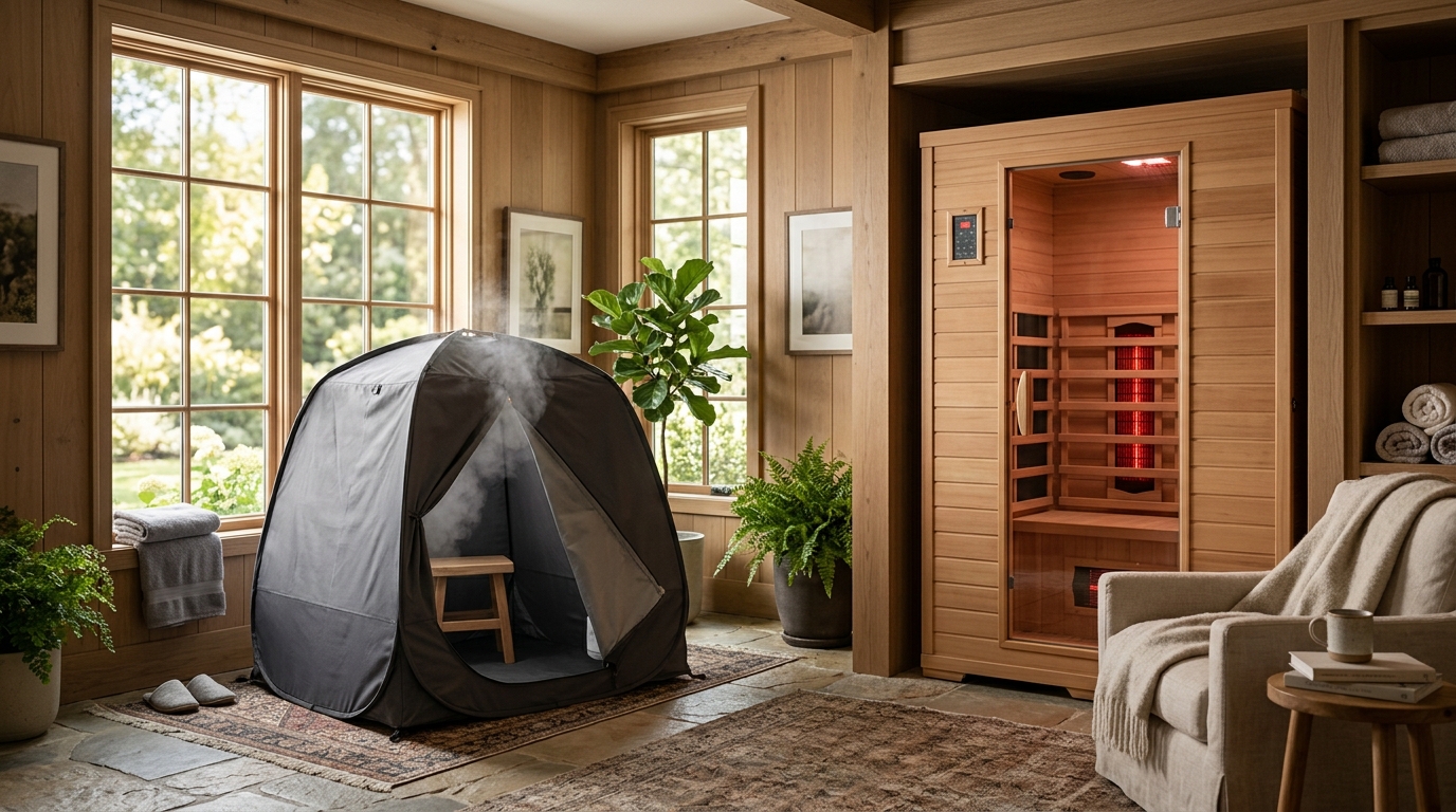 Infrared sauna blanket on the left and a cedar infrared cabin on the right