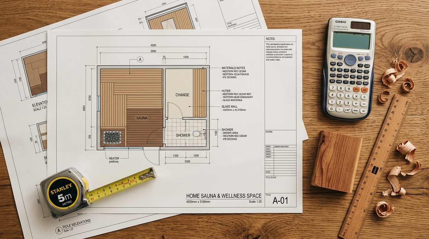 Editorial flat lay of home sauna planning materials — blueprint, calculator, cedar wood sample, measuring tape
