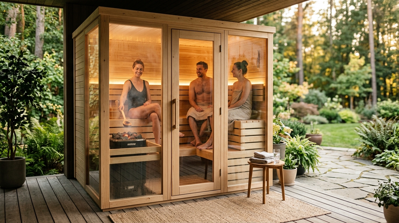 Spacious 3-person home sauna with western red cedar interior, dual bench levels, and wide glass door