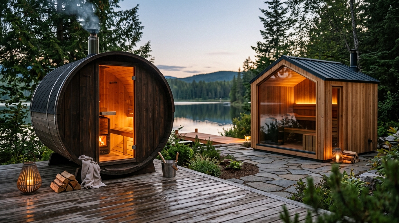 Side-by-side comparison of a cedar barrel sauna and a rectangular cabin sauna in a backyard setting