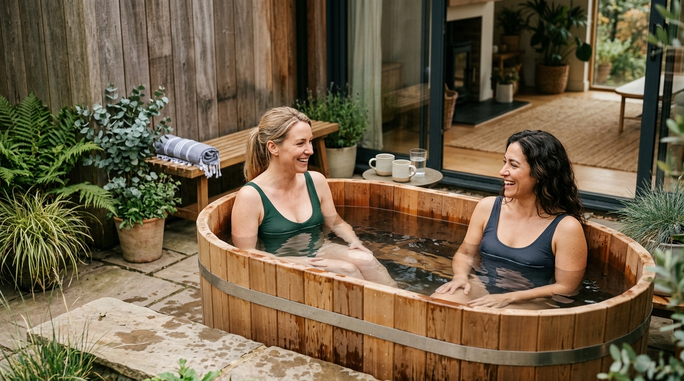 Two-person outdoor cold plunge tub with icy clear water, set on a wooden deck beside a sauna