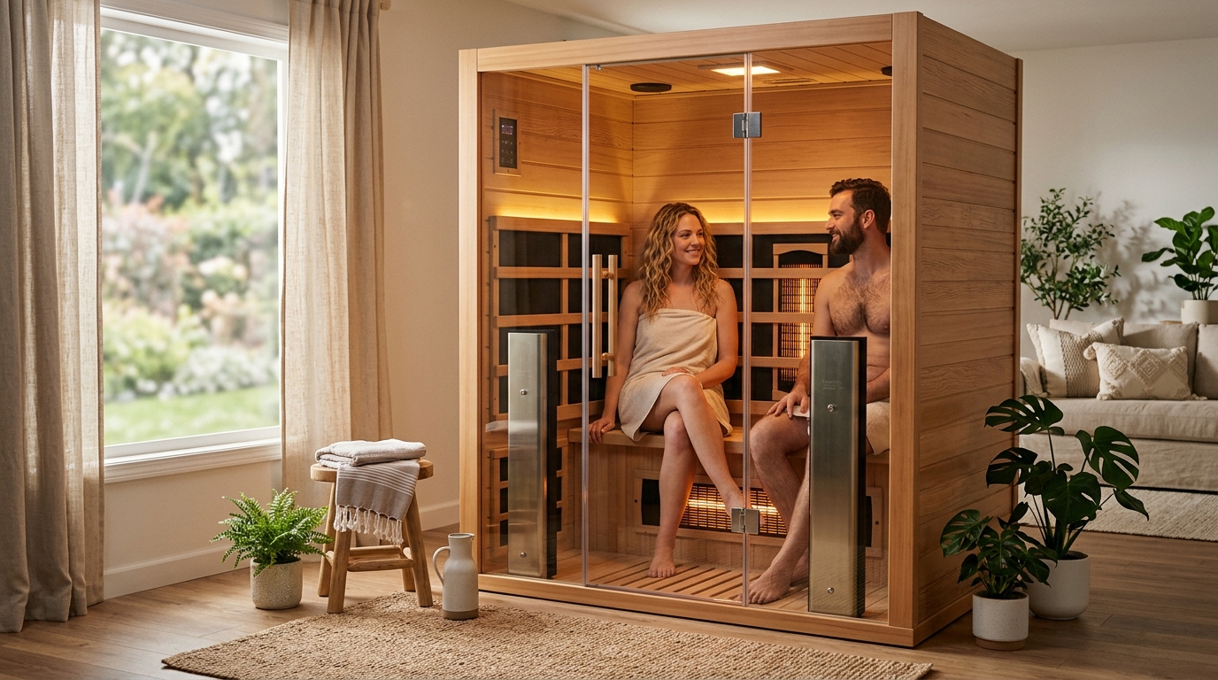 Two-person home infrared sauna with carbon panels glowing amber and western red cedar interior