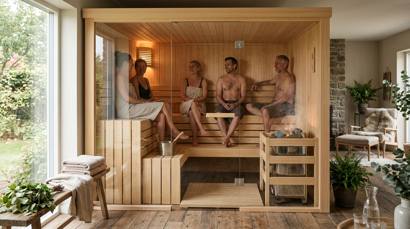 Spacious 6-person indoor infrared sauna with western red cedar interior, full-length carbon heating panels, and wide glass door