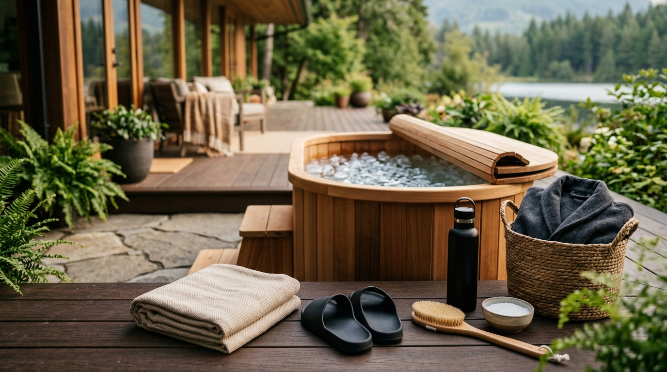 Assortment of cold plunge accessories including an insulated tub lid, thermometer, and recovery robe arranged near an outdoor barrel plunge