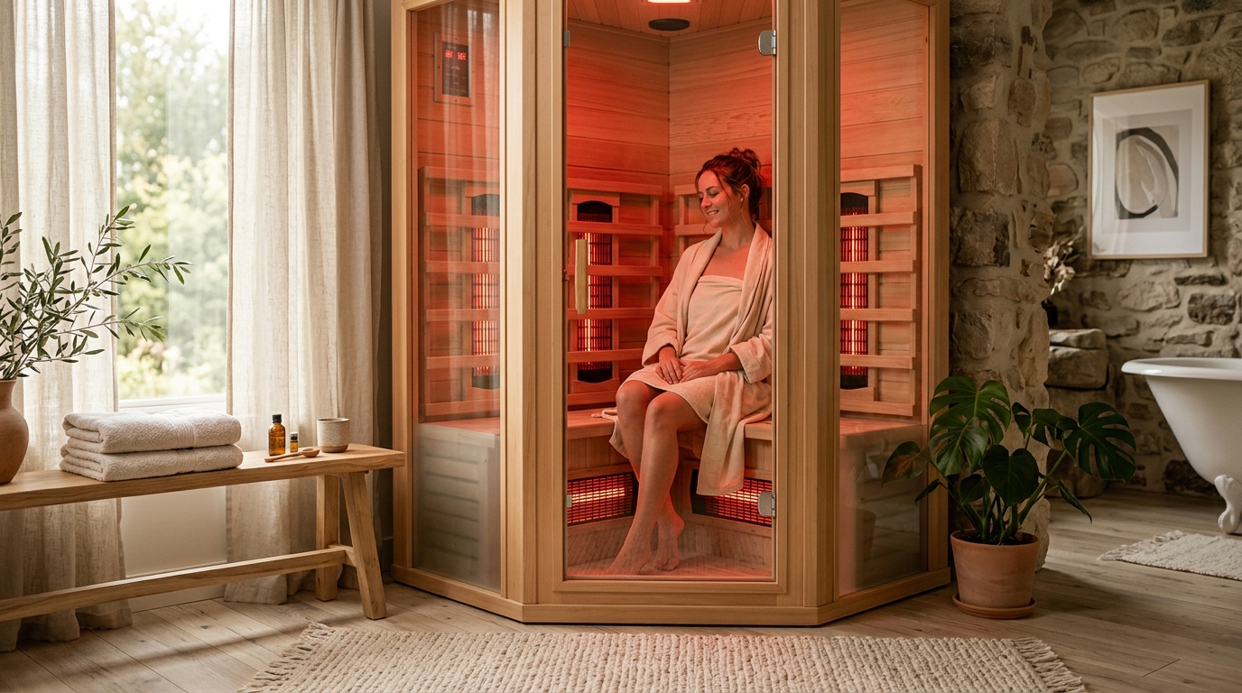 Near-infrared sauna lamp panel glowing warm red inside a portable reflective tent in a home therapy room