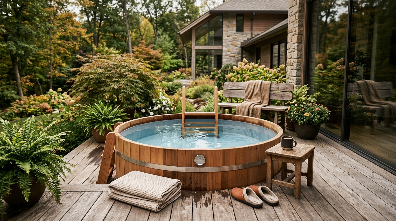 Backyard outdoor cold plunge pool set on cedar decking beside a sauna cabin with icy clear water and morning mist rising