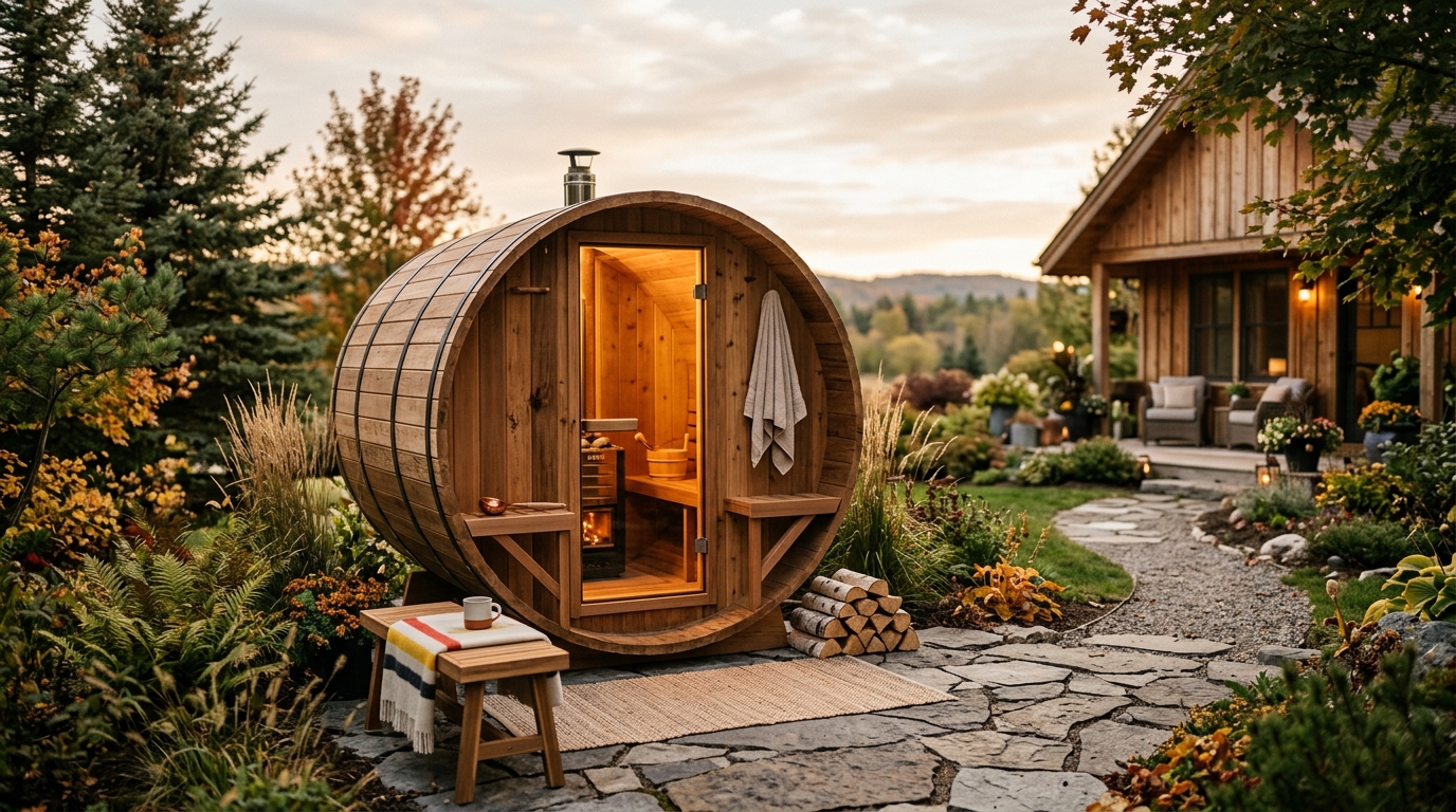 Cedar barrel sauna kit assembled on a backyard deck with warm golden light through the door and trees in the background