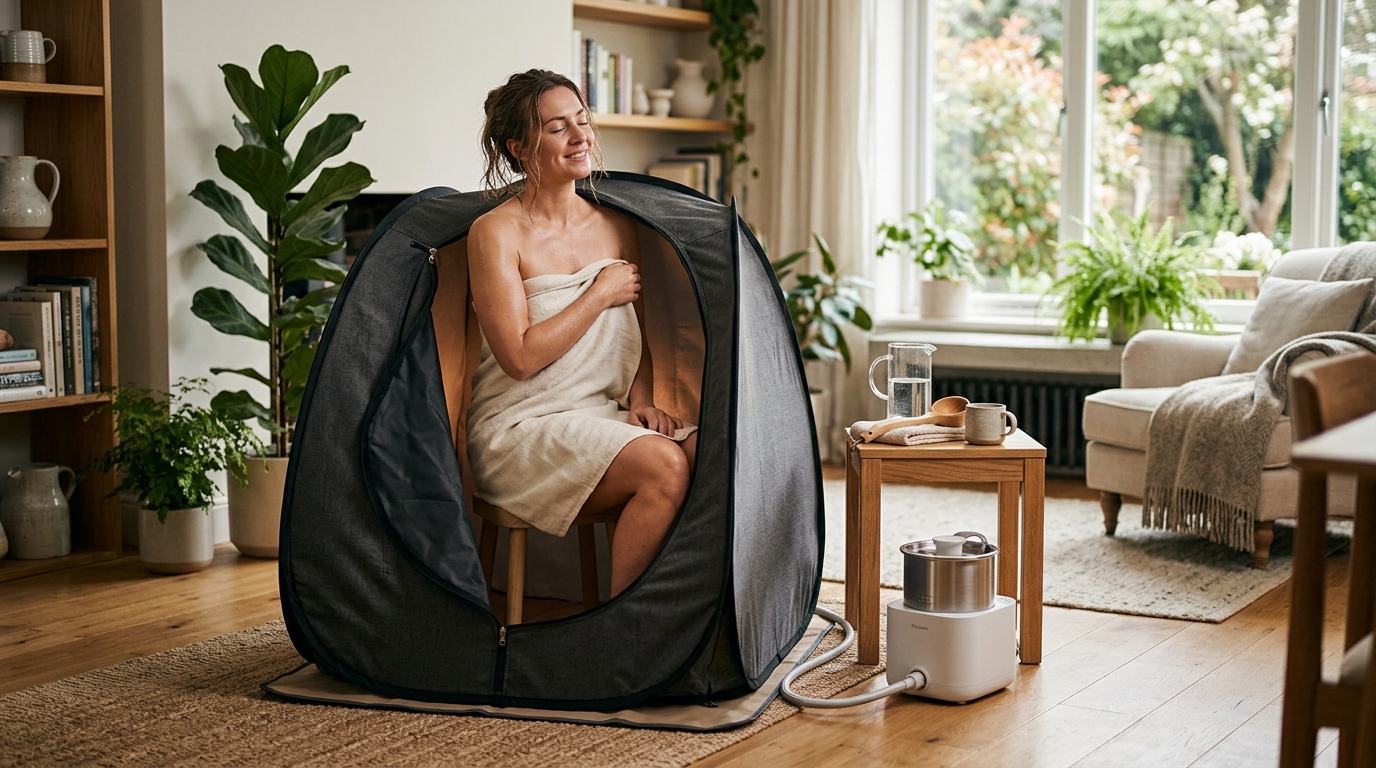 A portable steam sauna tent set up in a home bathroom with visible steam rising from the head opening and warm ambient lighting