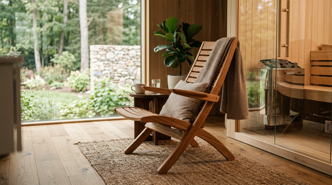 Cedar ergonomic sauna chair with backrest positioned in a traditional Finnish sauna next to a stone heater