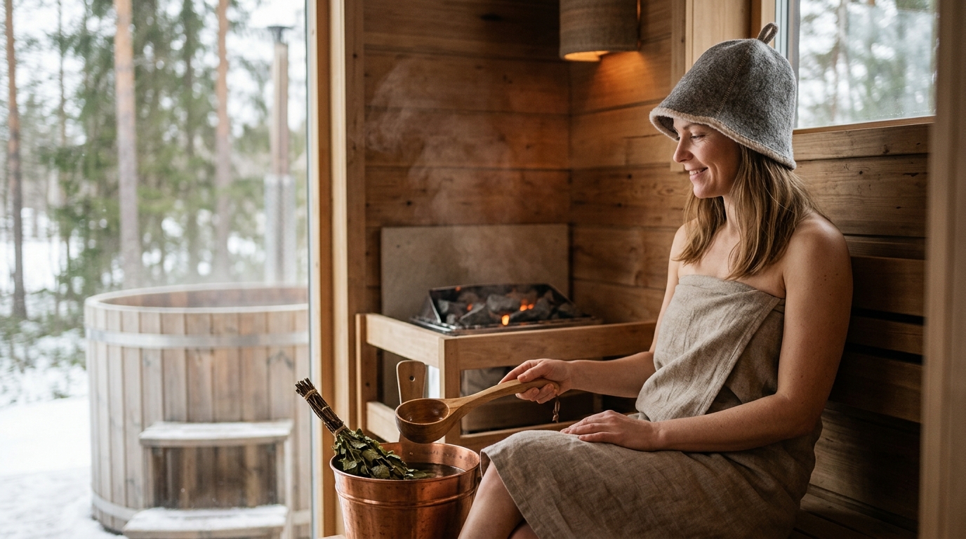 Collection of wool felt sauna hats arranged on cedar bench inside a traditional Finnish sauna with birch branches