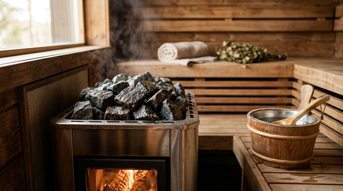 Dark gray Finnish dunite sauna stones stacked in a cedar electric sauna heater, steam rising as water is ladled over them