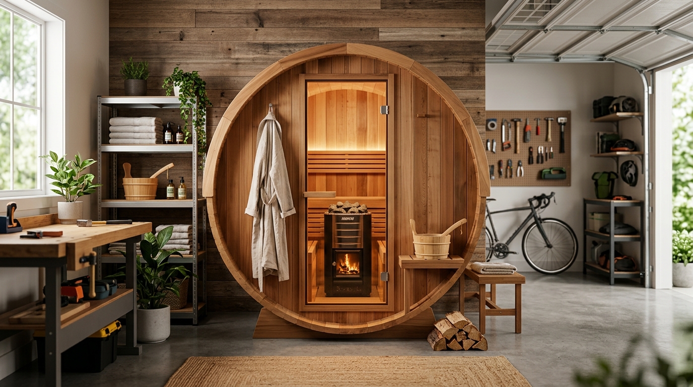 A cedar traditional sauna installed in a clean two-car garage with warm amber light glowing through the glass door and wooden benches visible inside