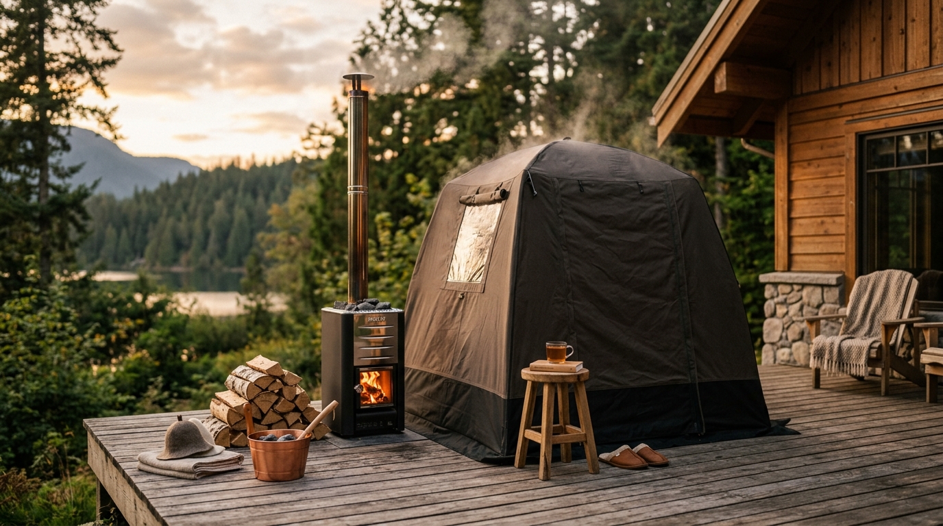 A portable fabric steam sauna tent set up in a home bathroom with warm condensation visible through the mesh vent and a wooden stool inside