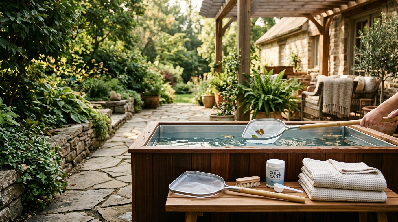 Person scrubbing the inside of a cold plunge tub with a brush, clear water draining beside it outdoors