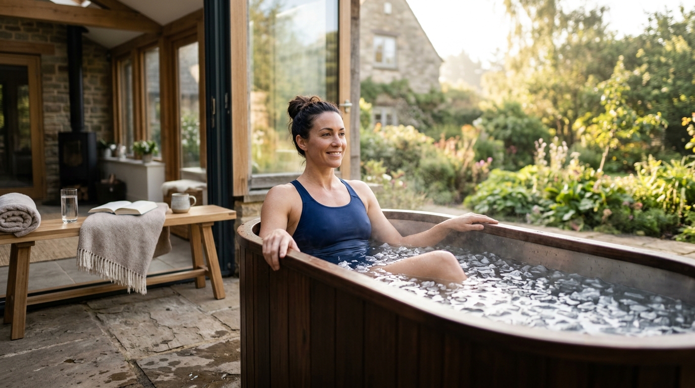 Person stepping into a cold plunge tub in a bright morning home gym setting