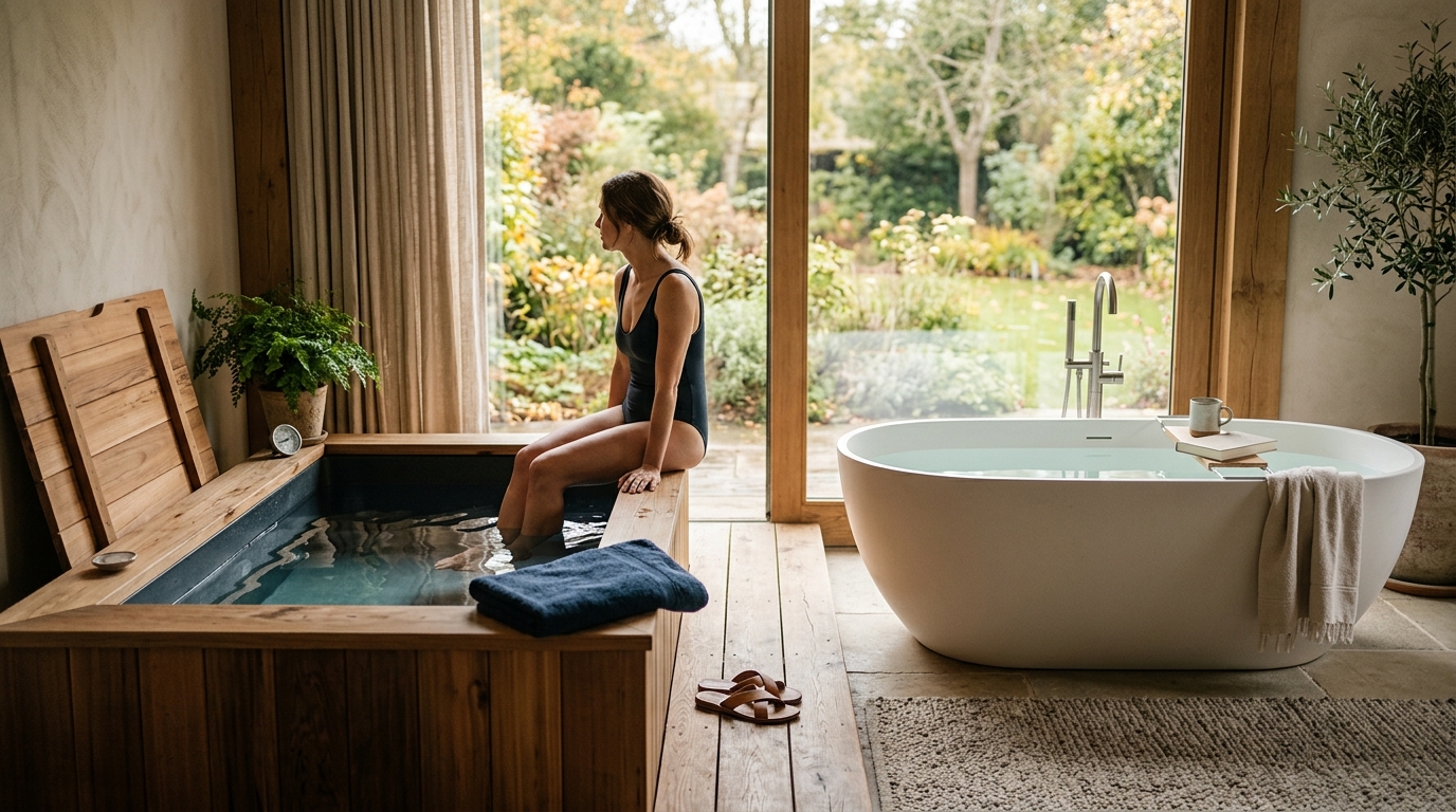 Large cold plunge pool beside a compact cold plunge tub in a modern home gym recovery room
