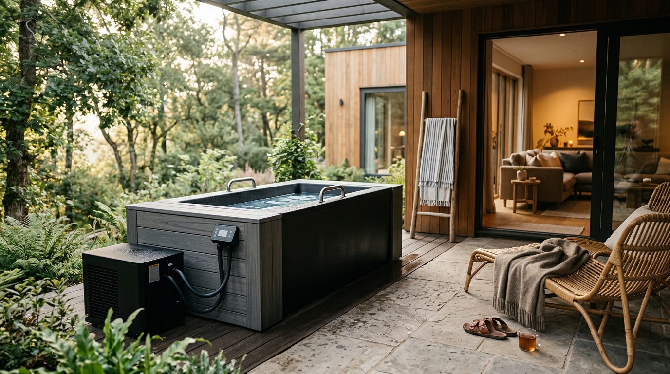 Sleek all-in-one cold plunge tub with integrated chiller in a modern outdoor wellness space