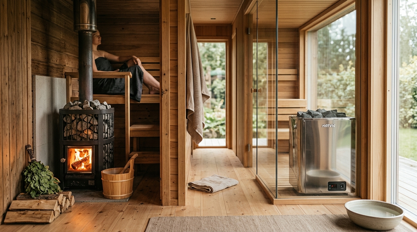 Side-by-side view of an electric sauna heater with digital controls next to a wood-burning kiuas with stacked sauna stones