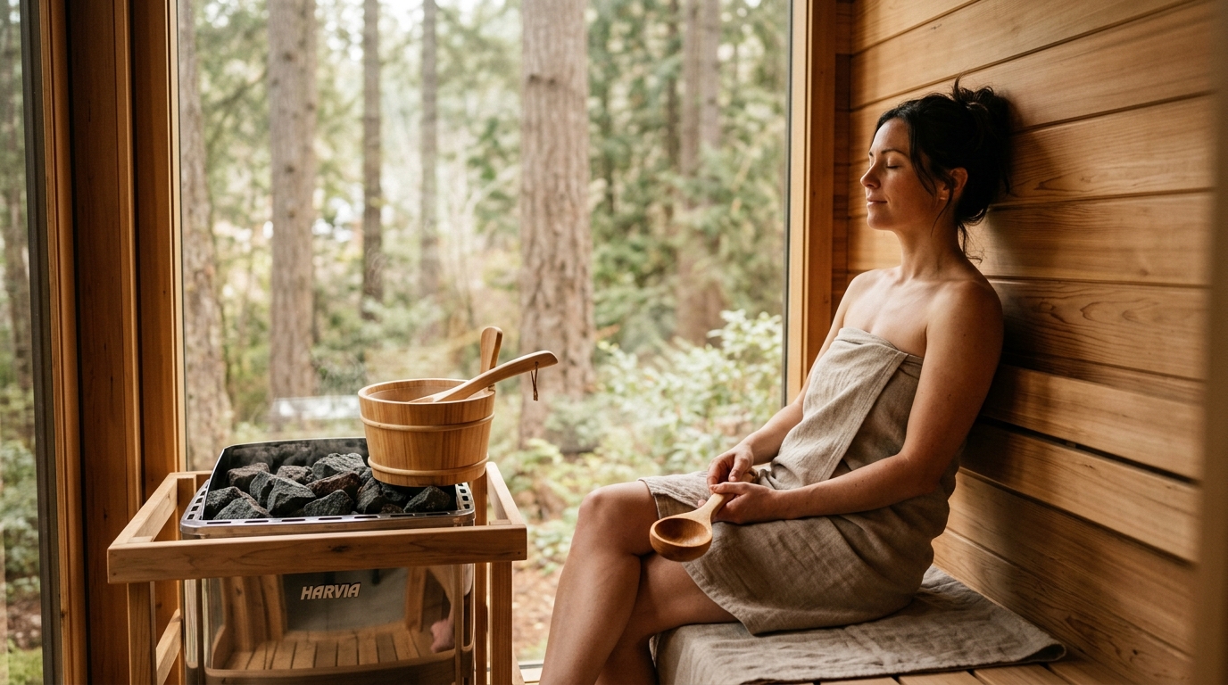Person relaxing in a cedar infrared sauna with warm amber light and steam rising from heater stones, peaceful post-session expression