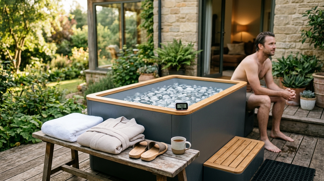 Person sitting in an ice-filled bathtub at home, cold water therapy, calm expression, towel and warm clothes nearby