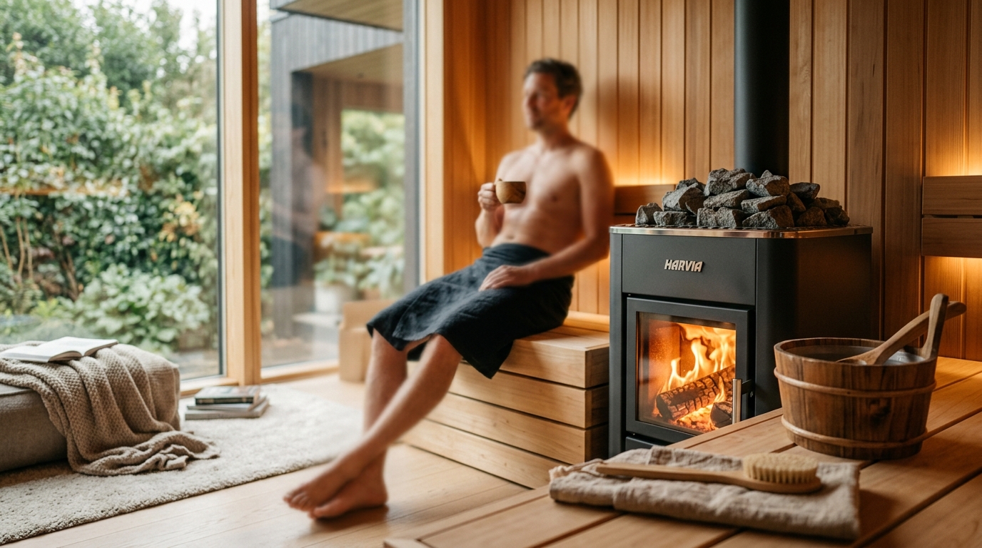 Cedar sauna interior showing a glowing electric heater with stacked stones, thermometer reading 170F on the wall, and wooden bench in foreground