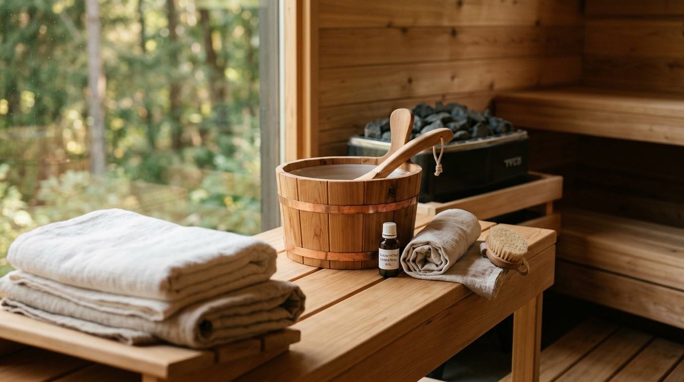 Cedar sauna interior with clean wooden benches, a scrub brush and small bucket of soapy water on the floor, bright overhead lighting