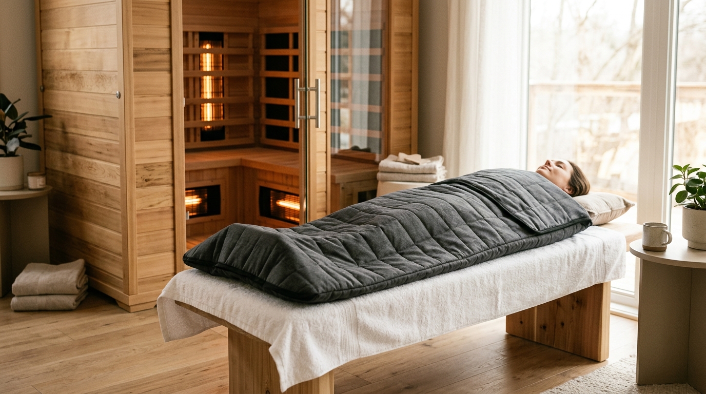 An infrared sauna blanket unrolled on a bed beside a cedar infrared cabin sauna in a home setting