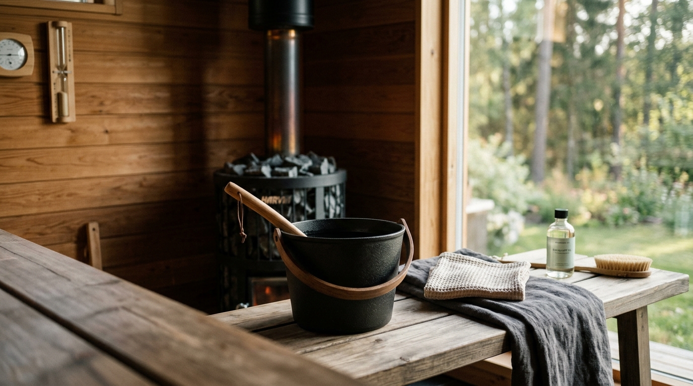 Clean cedar sauna interior with a folded white towel on a wooden bench and soft amber lighting