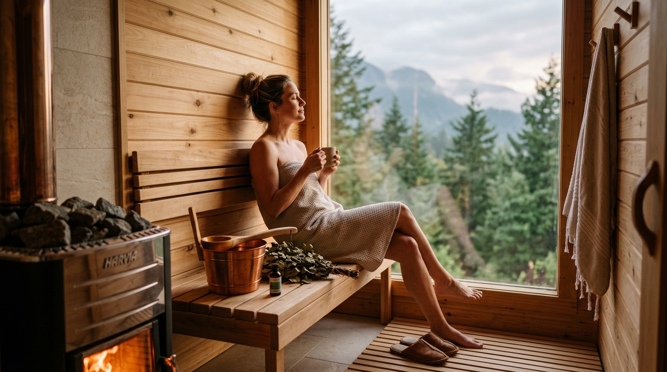 Person sitting in a cedar sauna, sweating heavily, warm amber light, wooden benches and stone heater visible in background