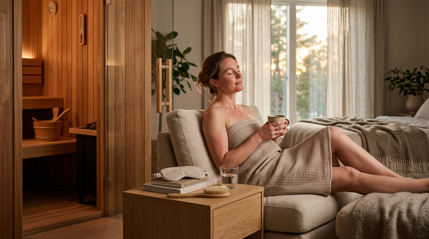 Person relaxing in a dimly lit cedar sauna in the evening, warm amber light, eyes closed, peaceful expression, wooden bench