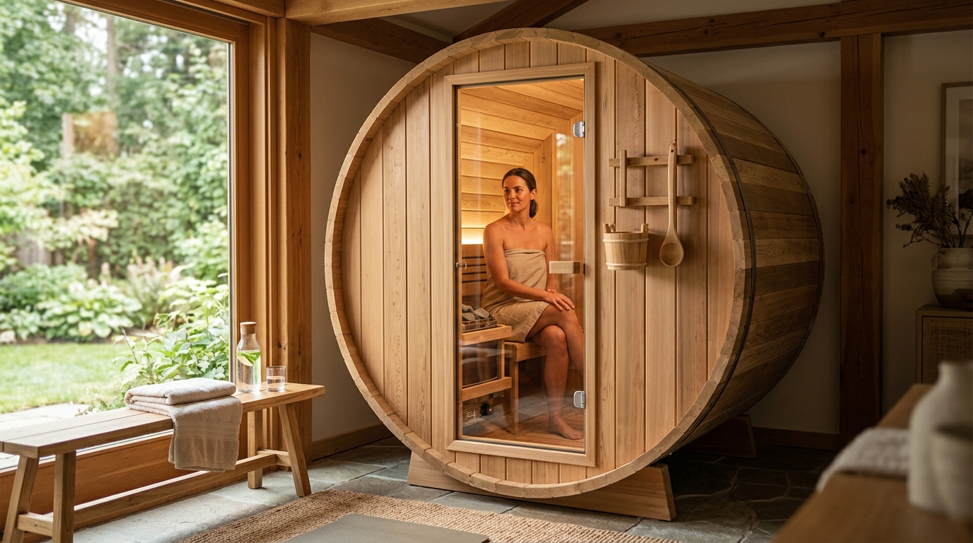 Person relaxing in a wooden sauna, sweating in warm amber light, towel draped over shoulders, steam visible on cedar walls