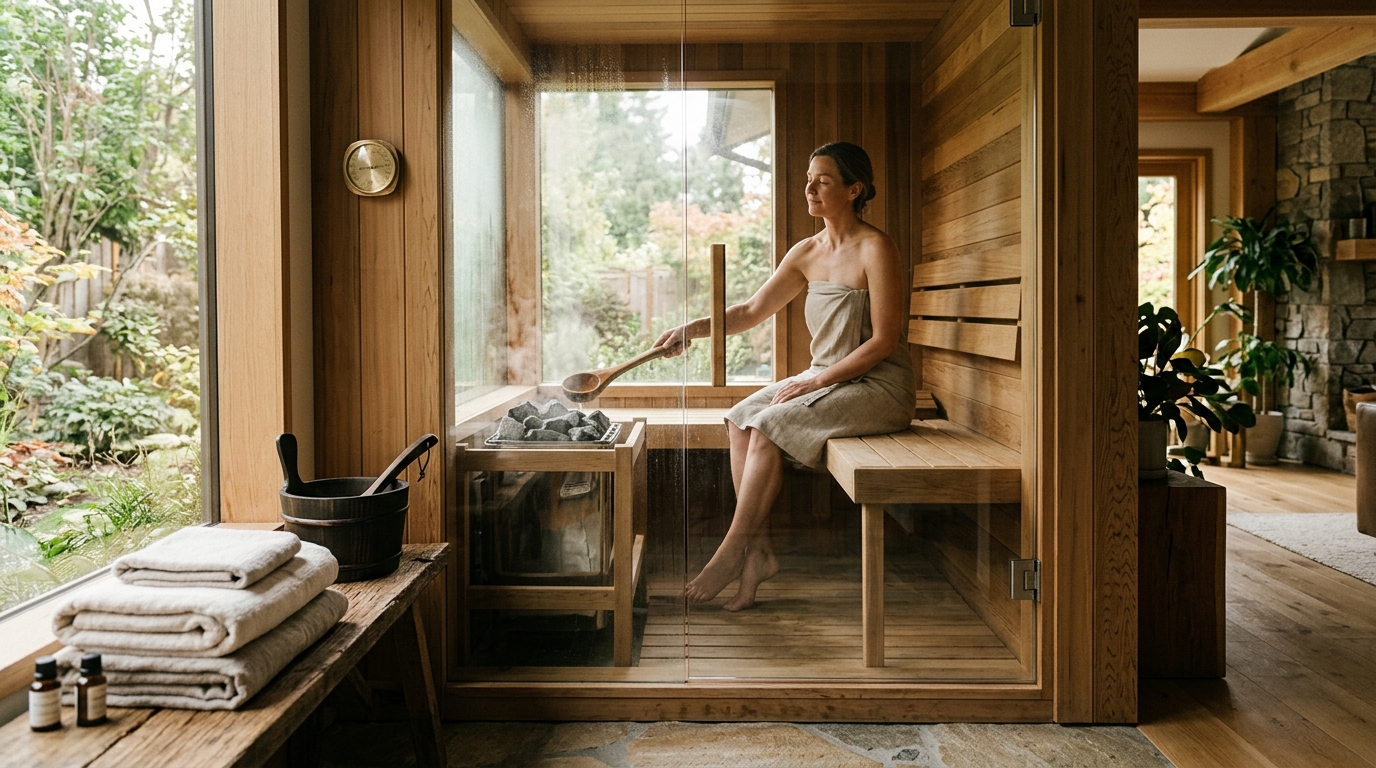 Middle-aged person relaxing in a traditional Finnish cedar sauna at high temperature, amber light, peaceful expression, visible steam