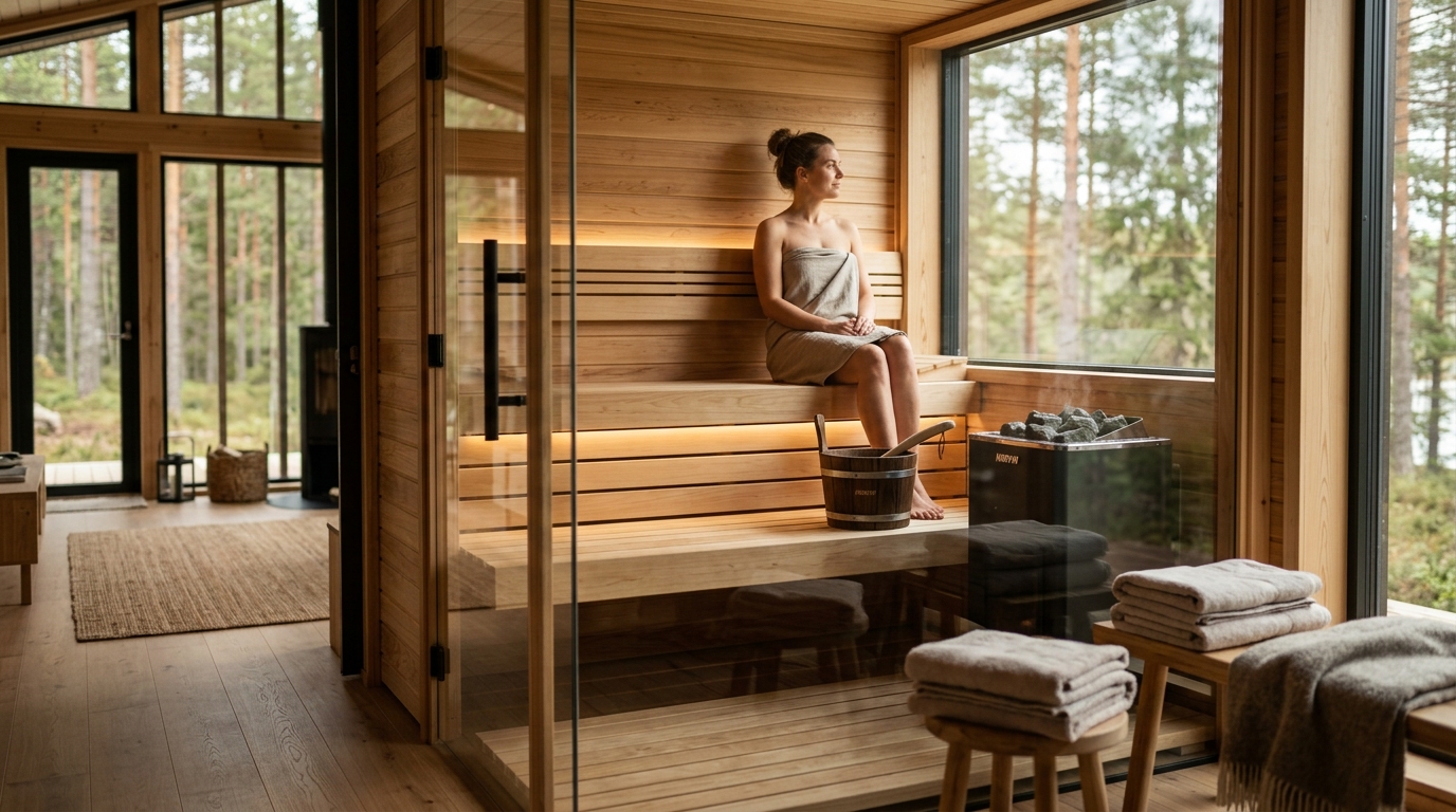 Modern cedar home sauna room with warm LED lighting, two-tier benches, and a glass door overlooking a backyard