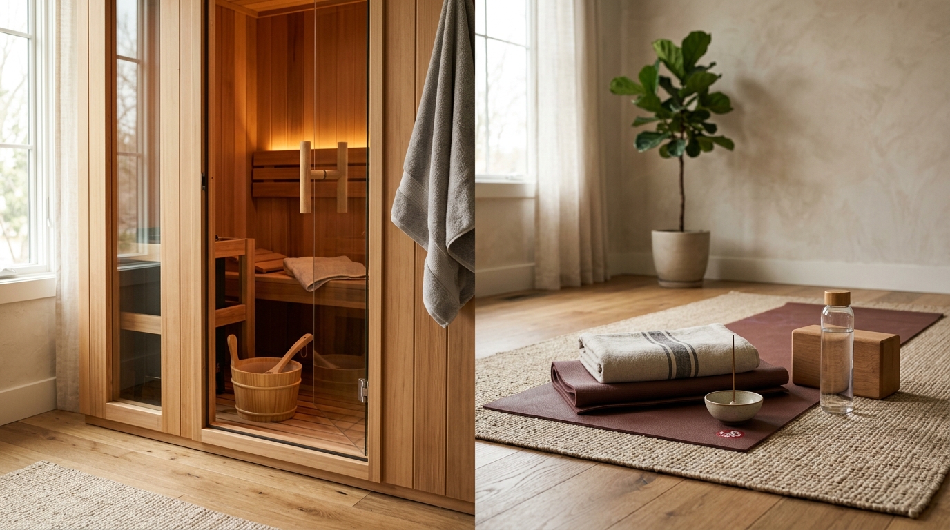 Split image of a cedar sauna cabin interior beside a bright hot yoga studio with students on mats